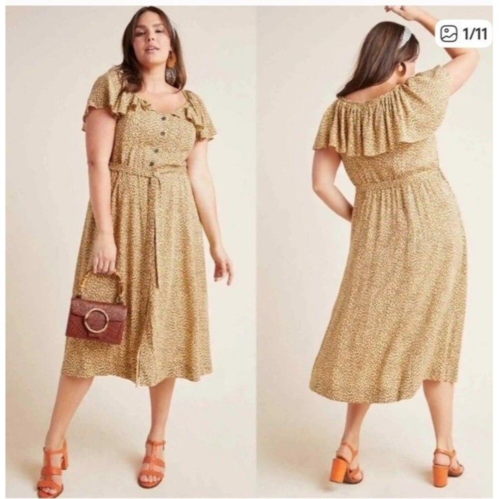 Anthropologie Bolano Leopard Midi Dress Flutter Sleeve Button Front Size 22 - Picture 3 of 8